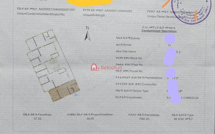 21.Yeka Abado 20*80 Common Residence (condominium) For sale 47 m² one (1) Bed Room
