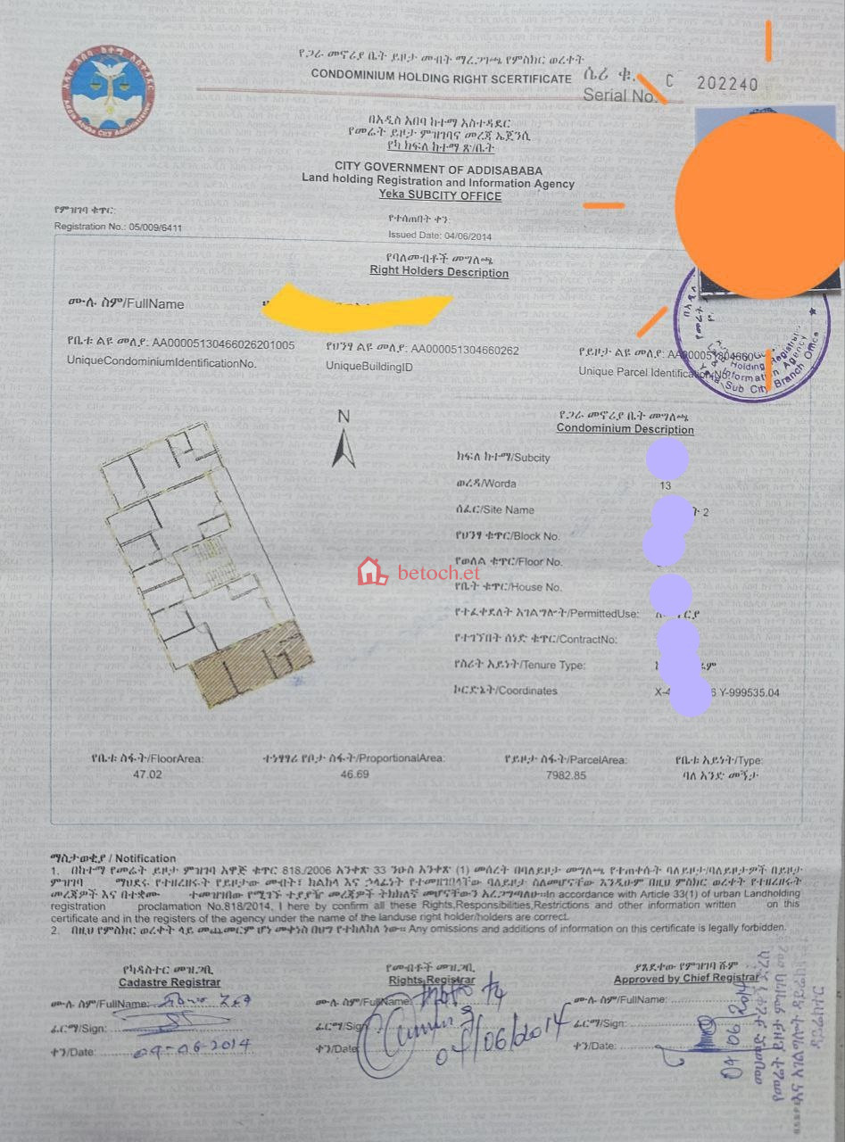 21.Yeka Abado 20*80 Common Residence (condominium) For sale 47 m² one (1) Bed Room